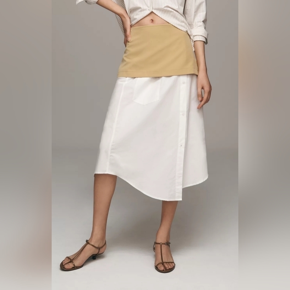 Maeve Anthropologie Unique Women's Layered Shirttail Midi Skirt, Tan & White